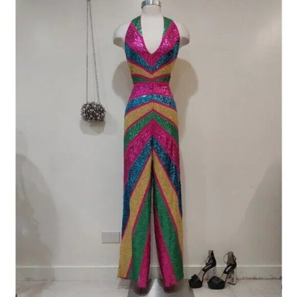 💋RETRO GLAM!💋 STUDIO 54 Halter Cut Out Wide-leg Jumpsuit in Stripe Sequin - Picture 6 of 15